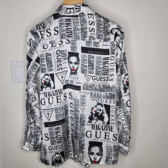 GUESS Los Angeles Black & White Graphic Magazine Print Long Sleeve Blouse Size S - Picture 5 of 8
